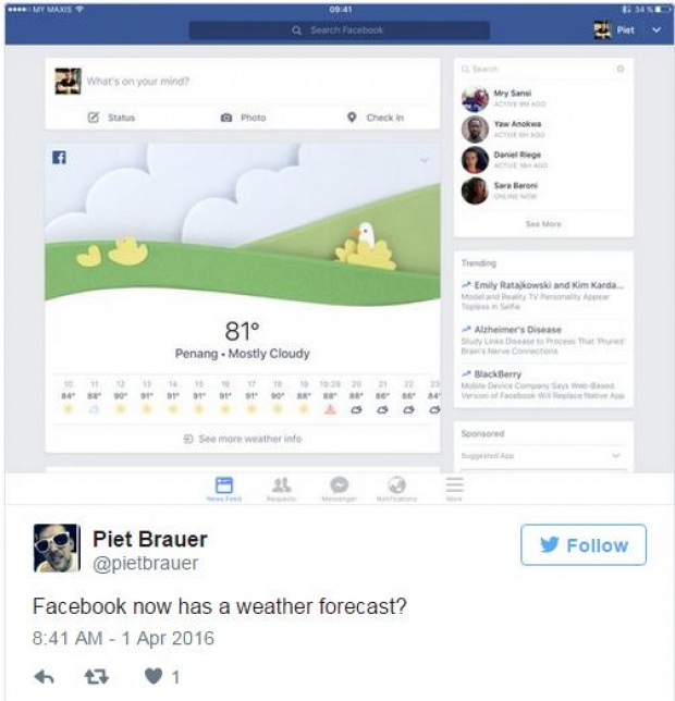 Facebook เพิ่มระบบแจ้งเตือนสภาพอากาศบนหน้า News Feed