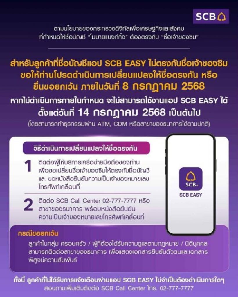 ด่วน! ใครใช้แอป SCB EASY ชื่อซิมไม่ตรงกัน ระวังใช้งานไม่ได้